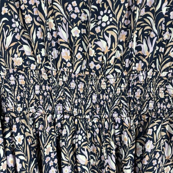 J Crew Dress Size Large Navy Purple Smocked Waist Floral Fields Mini V Neck - Picture 3 of 11